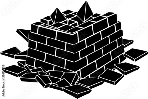 Crumbling Brick Structure with Pyramidal Tops A Silhouette Illustration