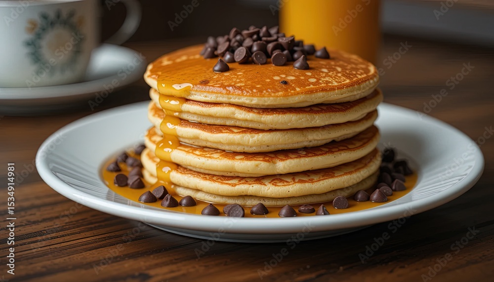 Stack of golden brown pancakes topped with chocolate chips and syrup. Stack of golden brown pancakes topped with chocolate chips and syrup.