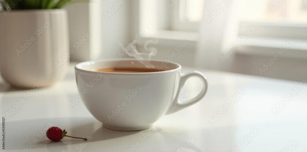 Steaming coffee in white mug, minimalist setup, coffee, product Steaming coffee in white mug, minimalist setup, coffee, product