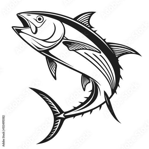 A black and white illustration of a tuna fish jumping out of the water showcasing its sleek body and fins from a dynamic viewpoint
