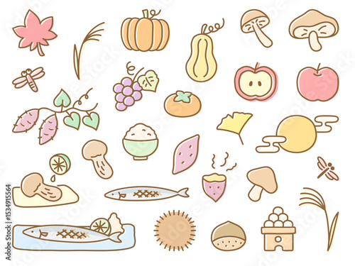 秋のイラスト、秋の味覚、お月見、紅葉のセット