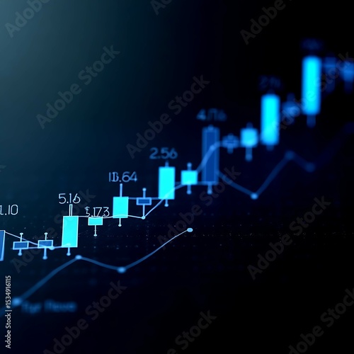 Stock market financial chart features blue candlesticks on a dar.