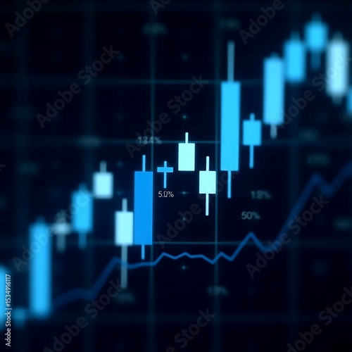 Stock market financial chart features blue candlesticks on a dar.