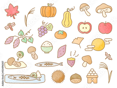 水彩カラーの秋のイラストセット、秋の味覚、お月見、紅葉、
