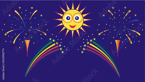 Illustration of a smiling sun with glasses, fireworks, and rainbow trails on a blue background
