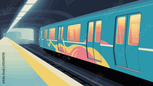 Colorful Subway Train in Tunnel