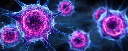 Targeted therapy radiation and chemotherapy diagnosis concept. Microscopic cells with vibrant colors illustrating biological processes.