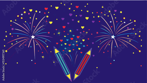 Illustration of fireworks and hearts with blue and red pencils on a dark blue background design style