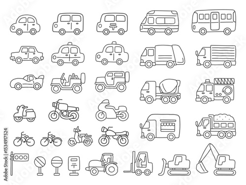車とバイク、手描きの画線のイラストセット