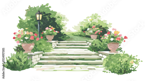 A garden staircase with flower pots and a lamp post leading to a path surrounded by greenery