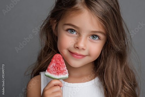 A young girl is smiling and holding up an ice cream lollipop shaped like a watermelon, wearing white , with a gray background