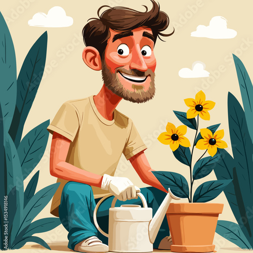 Spring Gardening Bliss Illustration - Man Tending Plants with Watering Can Vector