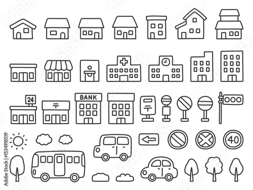 家やビル、いろいろな建物のイラストセット