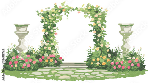 Illustration of a rose covered archway with stone planters and a stone path leading through it
