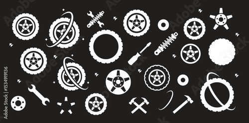 Tires, wheel disks auto service vector icons