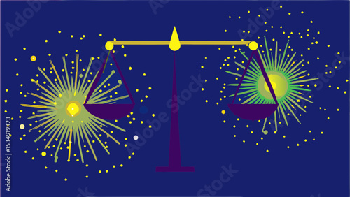 Scales balance two bursts of light against a starry night sky with a dark blue background color tone