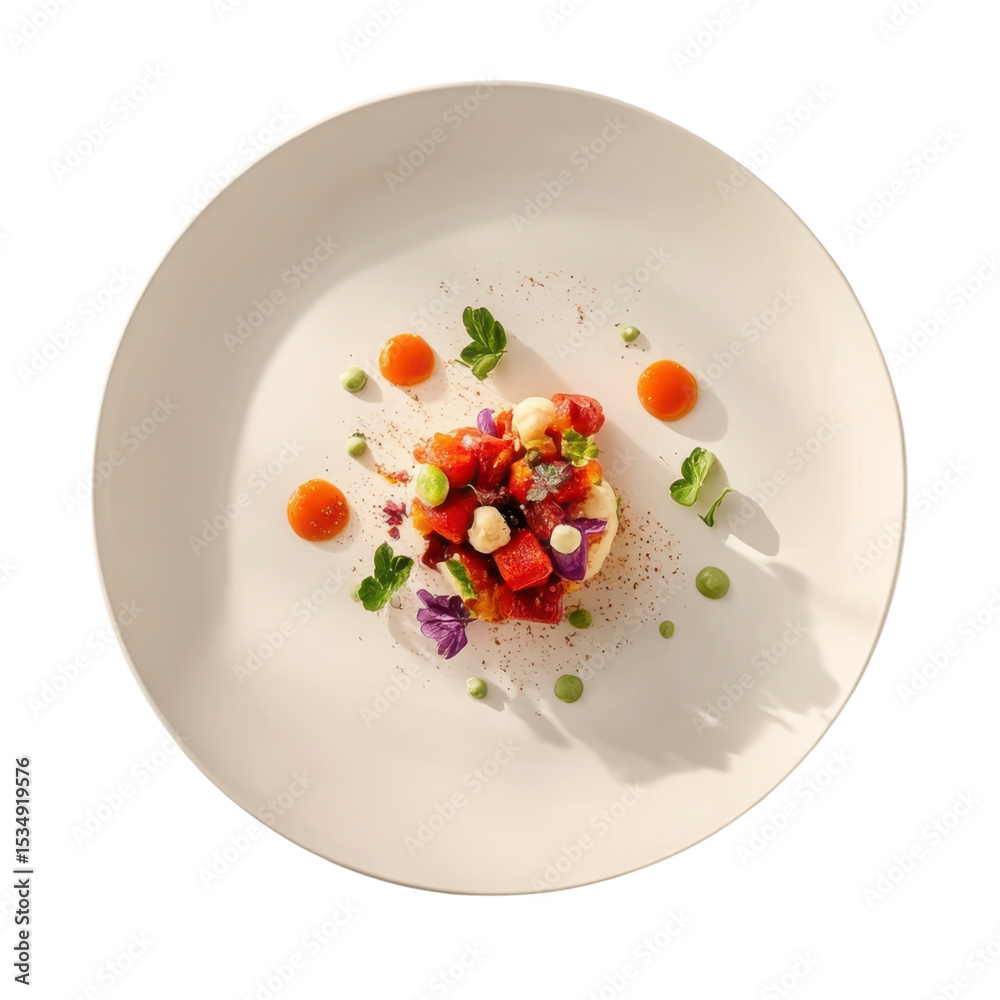 Artistic vegetable salad with green purée tomato and herb garnish Artistic vegetable salad with green purée tomato and herb garnish