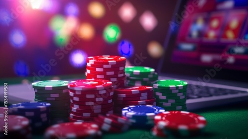 Online casino gambling chips stacks on laptop.