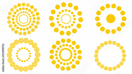Six yellow circular designs with varying arrangements of dots and concentric rings on white background
