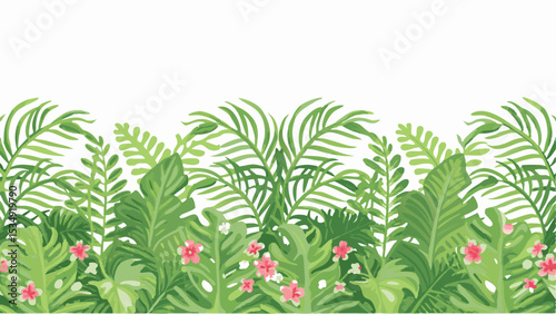 Lush tropical foliage with various green leaves and small pink flowers forming a vibrant border design