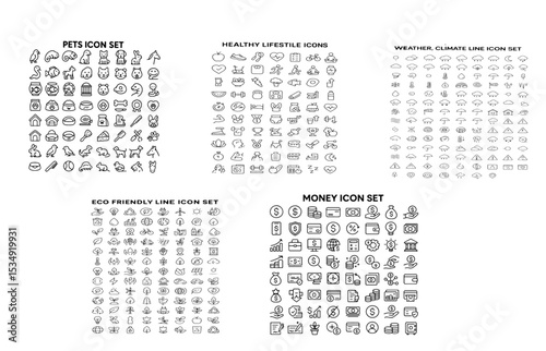 A collection of five icon sets displayed in a grid pattern showcasing various thematic representations