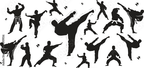 Martial Arts Silhouettes Featuring Karate, Judo, Taekwondo, Aikido, Self-Defense Techniques, Combat Stances, Black Belt Training, Traditional Gi, Powerful Moves
