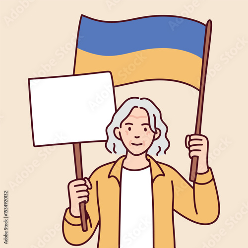 Elderly person joins public protest with blank sign and Ukraine flag. Symbol of active citizenship, freedom and social concern in retirement age. Copy space