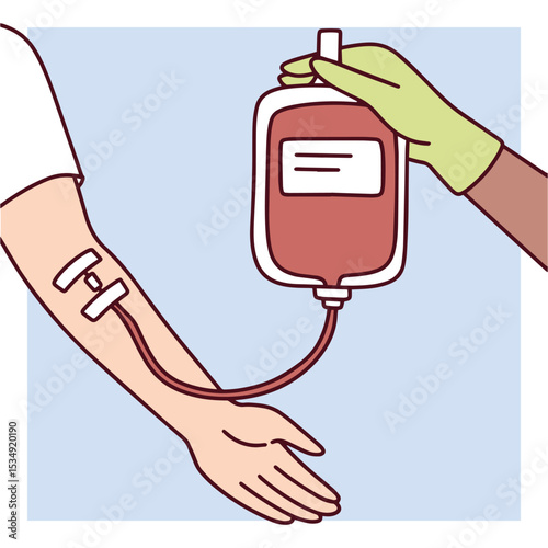 image of a medical worker inserting an IV drip into an arm with a blood bag, illustrating donation or treatment process