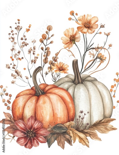 Autumnal gourds and blooms. Watercolor style arrangement of pumpkins, flowers, and dried grasses.  Rustic fall theme