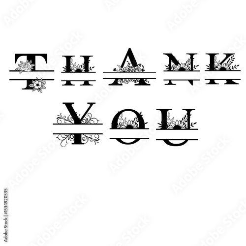 Stylish “Thank You” text in black with floral decorations. Ideal for greeting cards, invitations, social media, appreciation messages, and elegant design projects.