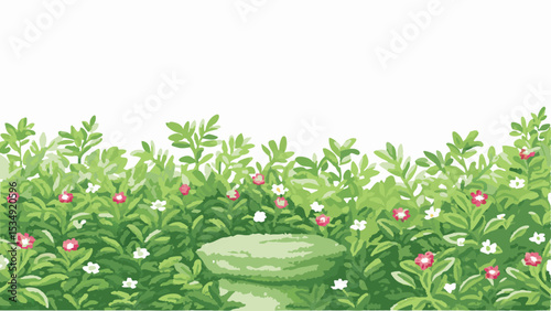 Illustration of a stone pedestal surrounded by green foliage and small red and white flowers