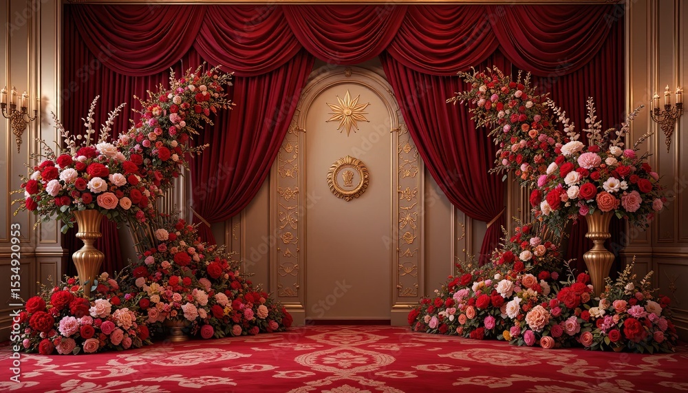 Fototapeta premium Luxurious floral arrangements in a grand hall.