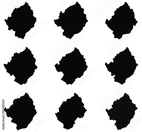 Set of Nine Black Silhouette Maps of a Region