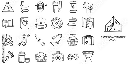 Camping simple New concept 24 hand drawn icons set .Vector illustration.