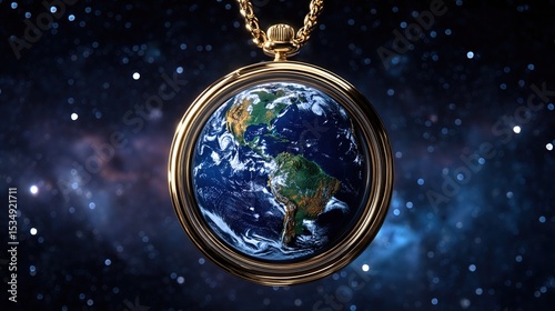 Earth Globe in Gold Pocket Watch Against Starry Sky