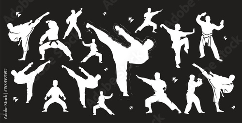 Martial Arts Silhouettes Featuring Karate, Judo, Taekwondo, Aikido, Self-Defense Techniques, Combat Stances, Black Belt Training, Traditional Gi, Powerful Moves