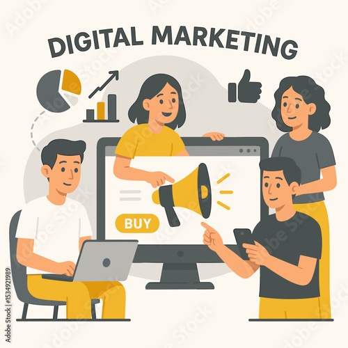 Modern Flat Illustration of a Diverse Team Engaging in Digital Marketing Campaign with Analytics, Buy Button and Online Promotion Tools