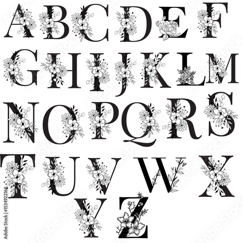 A complete set of elegant capital letters A–Z with floral decorations. Perfect for monograms, invitations, weddings, branding, and feminine design projects.
