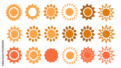 Collection of fifteen sun icons with different designs and orange and brown color variations displayed