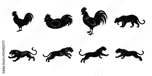 Canvas Print Silhouette Vector Set of Roosters and Wild Cats in Motion