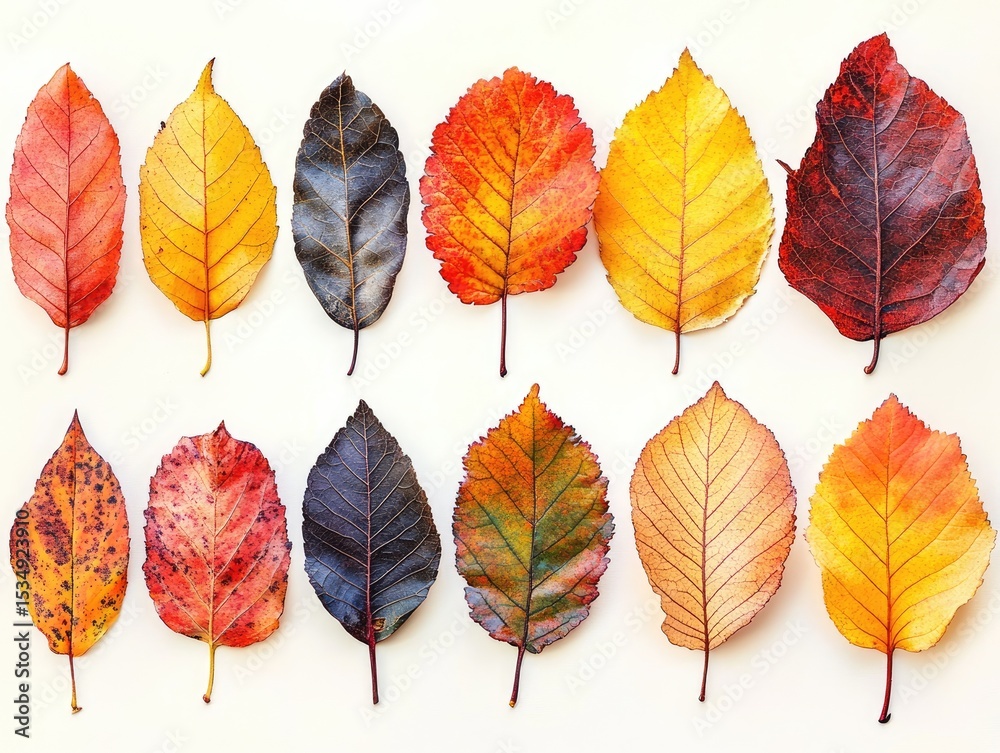 Obraz premium Autumn leaves arranged in two rows, showcasing a vibrant spectrum of colors from yellow to deep red and brown