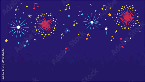 Illustration of fireworks and music notes scattered on a dark blue background design vector art