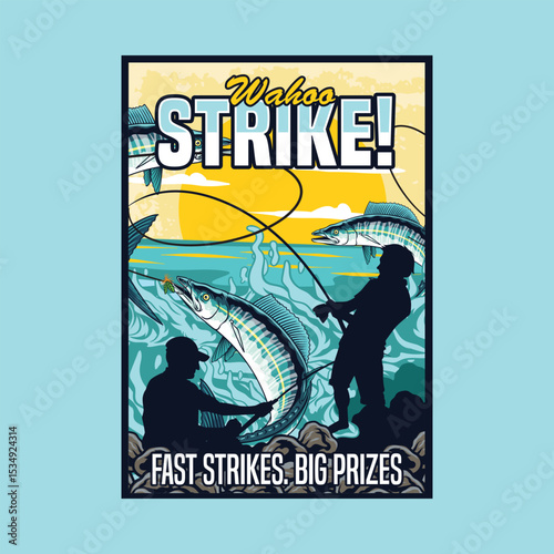 Wahoo fish Poster in Cartoon Illustration. Perfect for fishing clubs, outdoor adventure, wildlife, and nature-themed