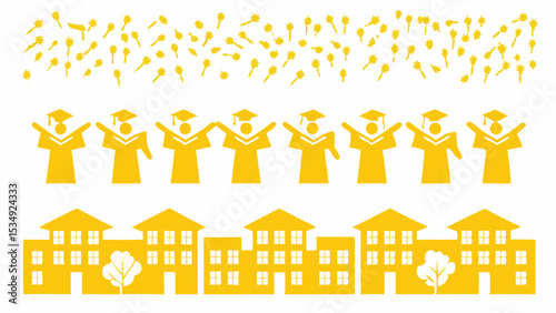 Golden graduation scene with students, buildings, and tossed caps on a white background design art