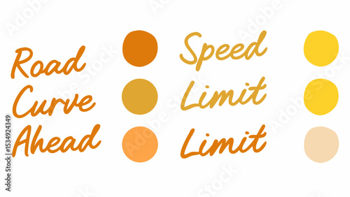 Road curve ahead and speed limit text with yellow and orange circle icons on a white background view