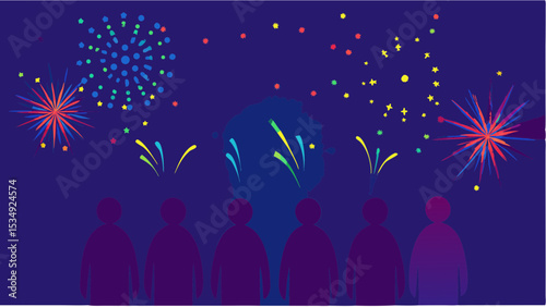 Silhouetted crowd watches colorful fireworks exploding in the night sky celebration illustration