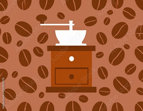 Vintage Coffee Grinder On Coffee Beans Pattern Background