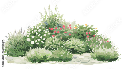 A garden bed with various flowering plants including red roses and white flowering bushes and lavender plants