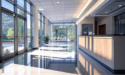 Modern Building Lobby with Glass Walls Reception Desk Shiny Tile Floors Potted Plants and Neutral Tones Bathed in