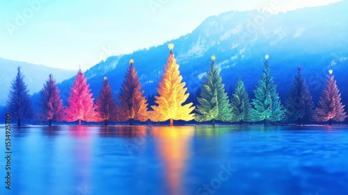 Rainbow christmas trees night scene winter holiday